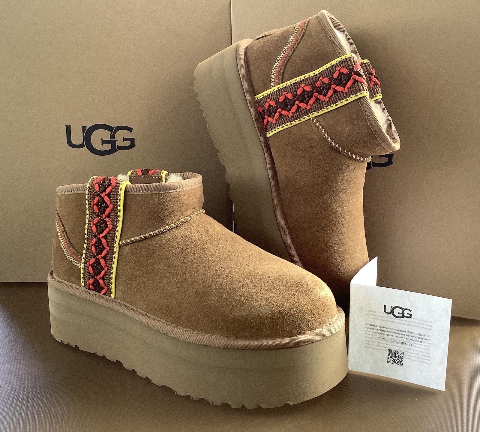 UGG CLASSIC ULTRA MINI BRAID PLATFORM CHESTNUT SUEDE WOMEN'S BOOTS SIZE 10 NIB