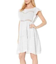 Free People Blue White ditsy floral Retro Kitty Crochet Trim Dress Size S flowy