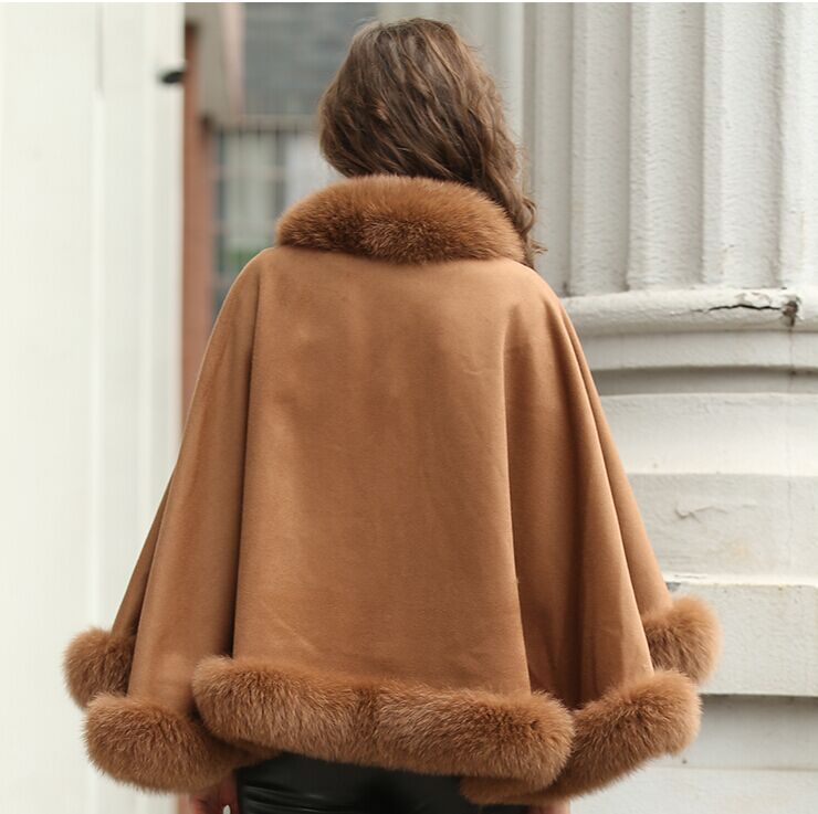 Real Cashmere Cape Cloak Coat Fox Fur Trim Poncho Wraps For Wedding Party