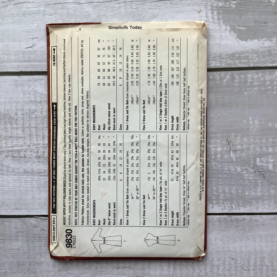 Simplicity 9830 Sewing Pattern Pullover Knit Dress Misses Sizes 6 & 8 UNCUT - Image 2 of 4