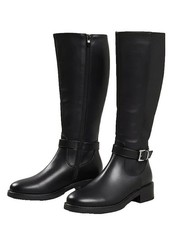 Black Knee High Boots UK 3 Riding Style Faux Leather Low Heel Elasticated Buckle