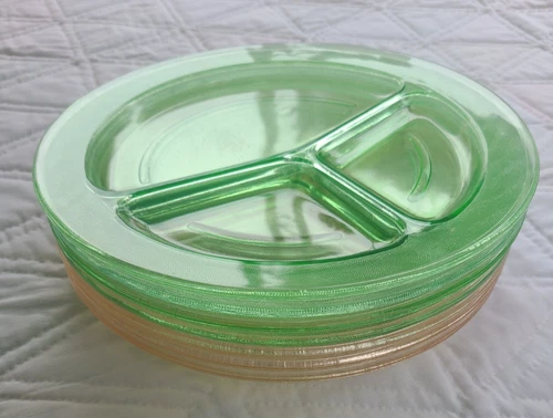 Seven 11" Depression Glass Divided Plates, 4 Uranium Green & 3 Pink.  Beaded Rim