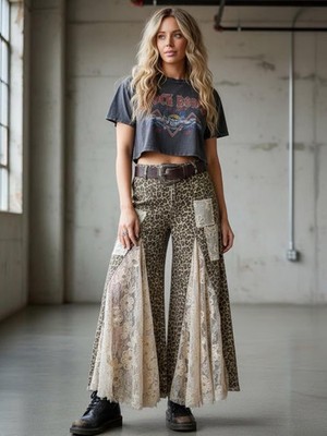 NWT Bluevelvet Boho Ultra Flared Lace Patchwork Festival Leopard Print Jeans