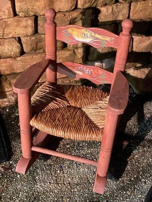 Hand-Painted Wooden Childs Rocking Chair With Woven Seat & Bird Motif