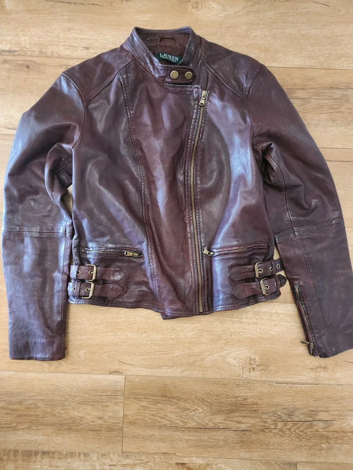 Ralph Lauren Moto 硬羊皮机车夹克女式 6 棕色拉链扣 — 第 3/4 张图片