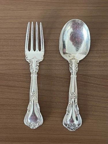 Pat. 1895 CHANTILLY by GORHAM Sterling Silver Baby Fork & Spoon 4 1/2” 46 grams