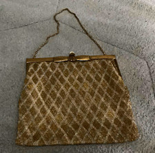 Vintage Gold Beaded Diamond Pattern Evening Clutch Purse with Chain Strap