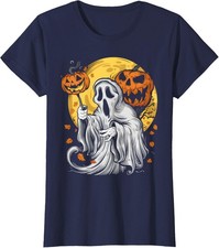 Pumpkin Ghost Autumn Leaves Graphic Scary Ladies' Crewneck T-Shirt
