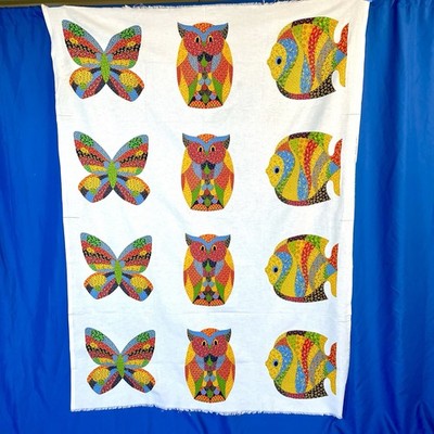 Vintage Patchwork Animal Fabric Panel 70s 80s Owl Fish Butterfly Printworks 1981