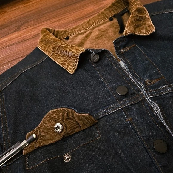 Chaqueta de jean Comune lavado oscuro elástica cuello y ribete de pana para mujer talla L Foto 3 de 4