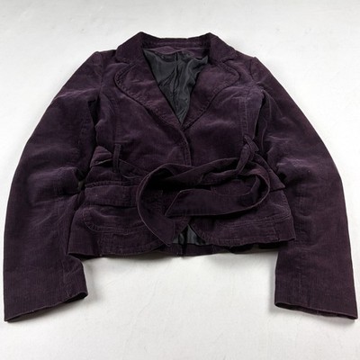 Womens Vintage Purple Corduroy Wrap Blazer Belted Tailored Boho Jacket Coat