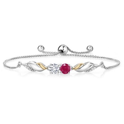 1.07 Ct Red Ruby E-F Lab Grown Diamond 925 Silver and 10K Yellow Gold Bracelet