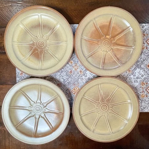Set of 4 Frankoma Pottery 94FL Wagon Wheel Desert Gold Dinner Plates 10-3/4” Vtg
