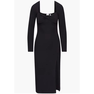 Aritzia Wilfred Black Palm Dress Ling Sleeve Knit Midi Slit Twist Front Size M