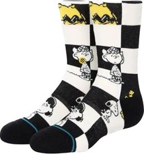 Stance Kids Black Crew Cotton InfiKnit Peanuts Checkered Casual Socks Sz L 3-5.5