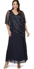 Adrianna Papell Beaded Popover Caped Dress Size 14W Midnight Blue NWT $199