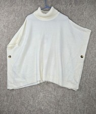 Loft Women  s Ivory Button-Side Knit Poncho Sweater XS/S Acrylic Turtleneck