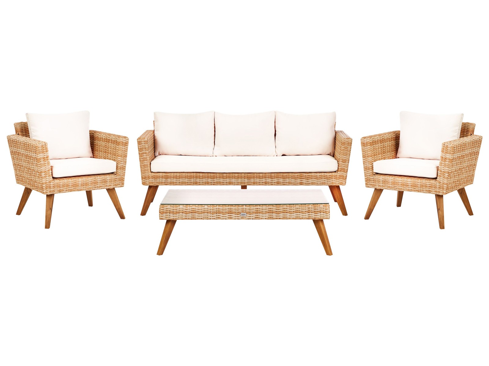 Set giardino in rattan bianco crema composto da divano 3 posti 2 poltrone tavoli