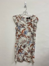 Tahari Size S White Navy/Coral Leaves Sleeveless Linen Ladies Dress