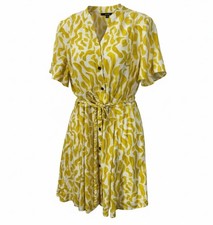 Nine West Dress Size L Yellow White Abstract Print Linen Blend Button Front Midi