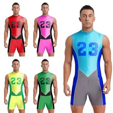 Mens Patchwork Sports Athletic Leotard Wrestling Singlet Bodysuit and Shorts Set