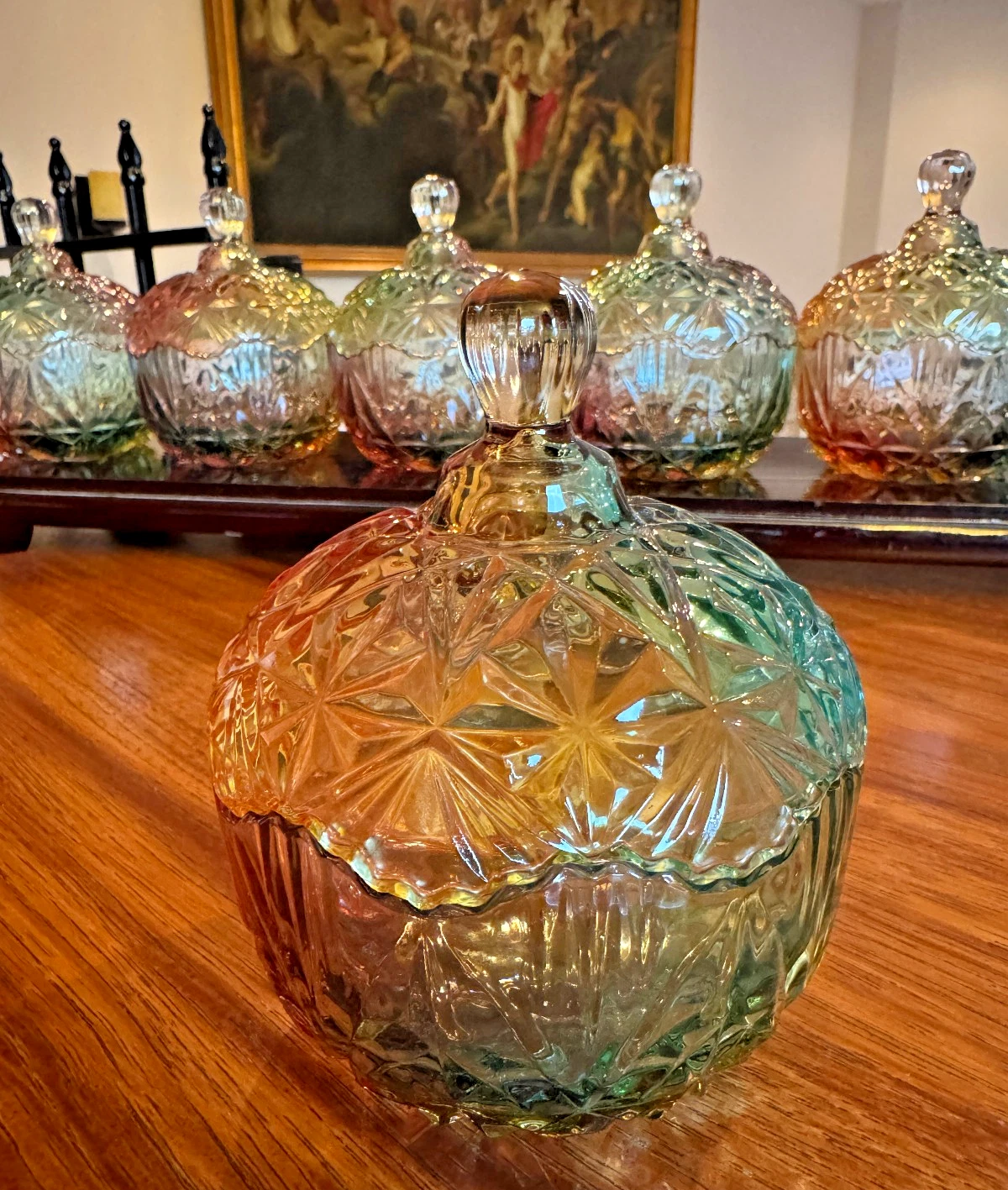 Vintage Rainbow Iridescent Glass Jar w/ Lid – Diamond Starburst - Beautiful QTY