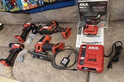 SKIL PWRCORE12 Assorted Drills and Saws 2 Batteries and 2 Chargers Tested Works