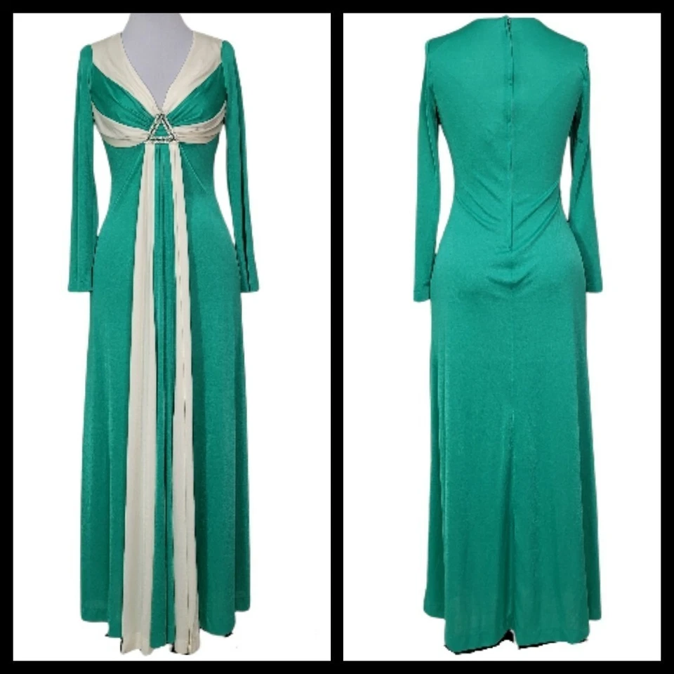 Maxi Vestido Formal Vintage Años 70 Verde Crema Estrás Cintura Imperio Foto 3 de 4