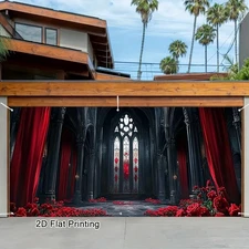 2D Gothic Palace Red Roses Garage Door Banner - 1pc 2D Flat Printing Polyester P