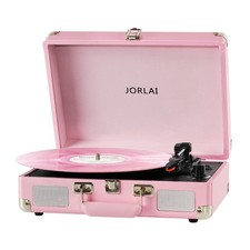 Pink Vinyl Record Player 3 Speeds Portable Suitcase Turntable with Built-in D...