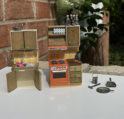 Lundby Dollhouse Vintage kitchen Wood plastic Orange Rare Set W