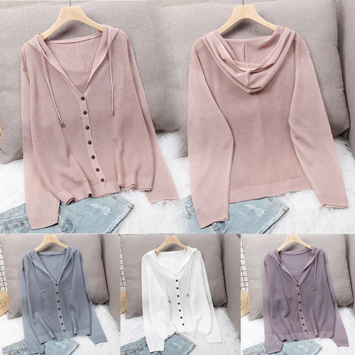 Womens Sunscreen Tops Very Thin Cardigan Long Sleeve Knitted Top Hooded Coat . . - Picture 4 of 28