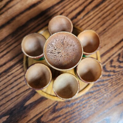 6* Vintage Hand Painted Wooden Egg Cups w/Faces & Stand Hand