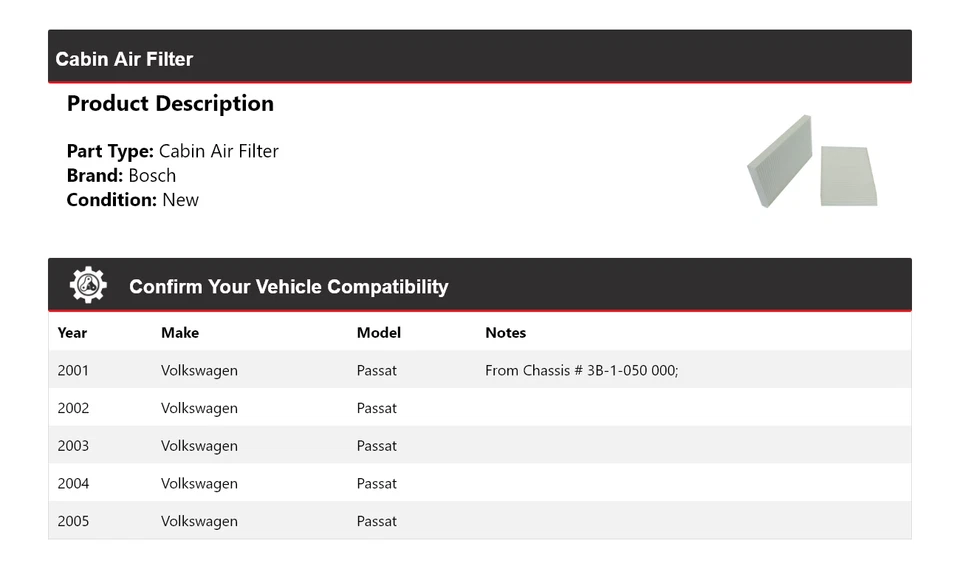 For 2001-2005 Volkswagen Passat Bosch Cabin Air Filter 2002 2003 2004 - Image 2 of 3