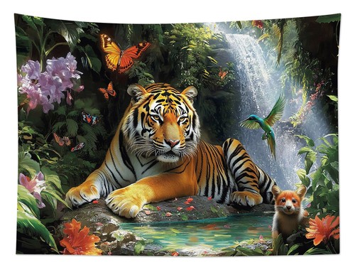 Butterfly Wild Animal Tiger Green Forest Tapestry for Bedroom Living Room Dorm - Picture 5 of 15