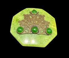 Belt Buckle Art Deco Green Celluloid Brass Ornate Round Glass Cabochons Vintage