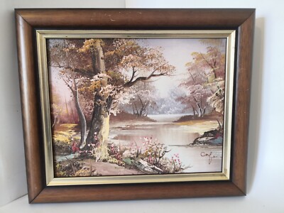 Öl auf Leinwand Wald Blumen Fluss Szene Irene CAFIERI signiert 32 cm x 27 cm