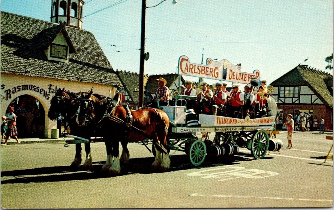 1960s Carlsberg Horse Beer Wagon & Band Solvang California Vintage Postcard