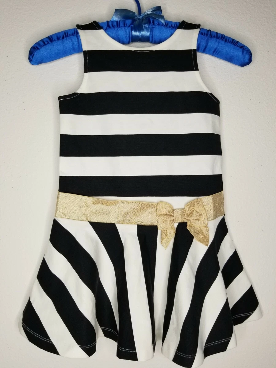 Janie And Jack Kids Girls Dress Sleeveless White/Navy Striped w/ Golden Bow Sz 4