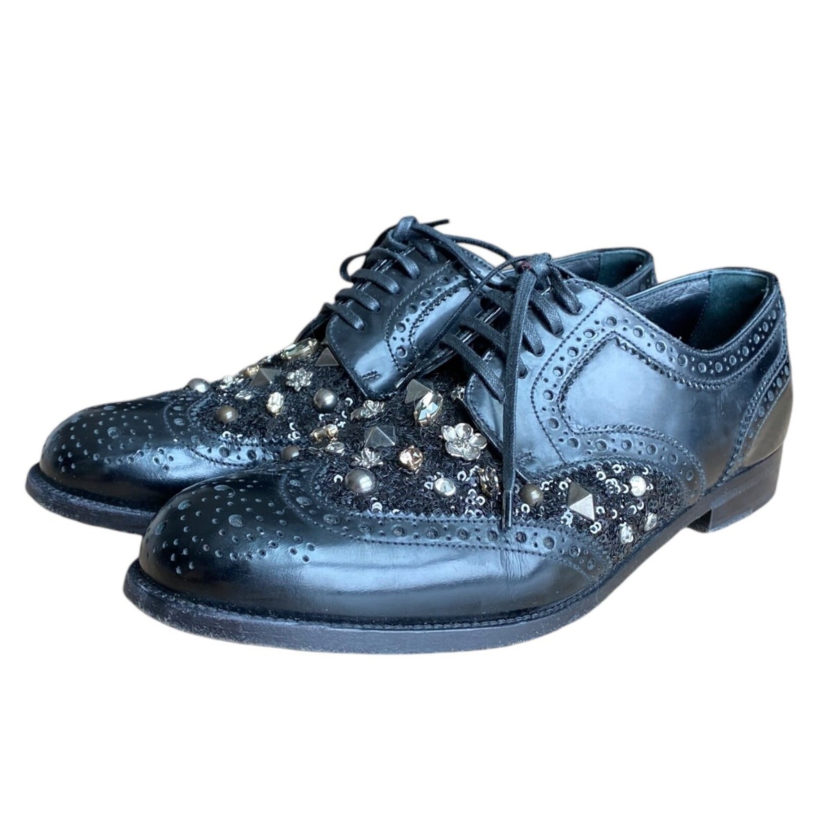 DOLCE & GABBANA Black Brogue Leather Studded Embellished