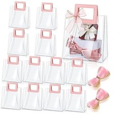 12 Pcs Clear Gift Bag with Handle and 2 Rolls Sheer Ribbon with Gold Trim Pink