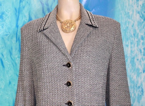 ST JOHN Collection Black Cream Jacket Coat XL L 14 16 DUSTER DRESS Trim Buttons - Picture 4 of 7