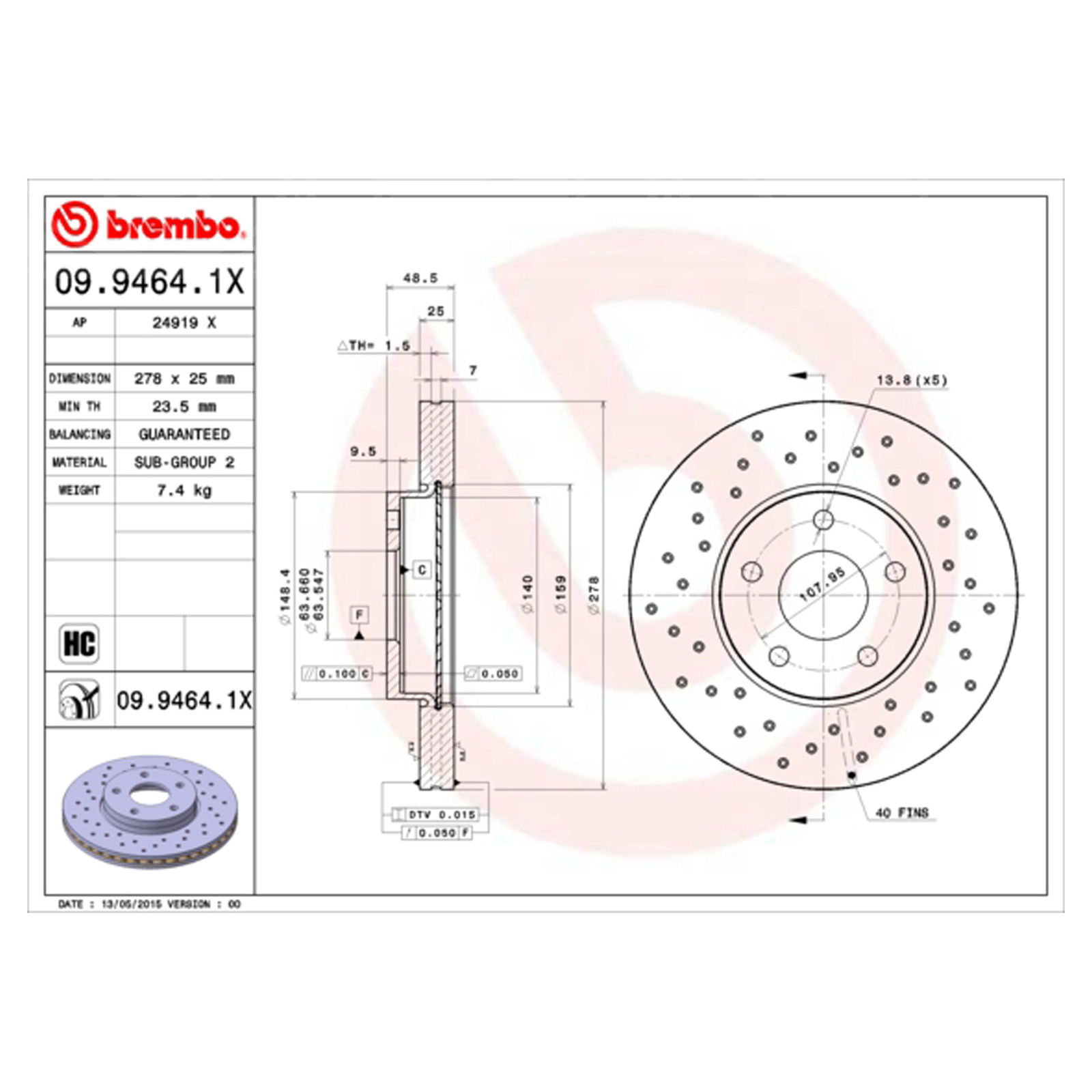 BREMBO XTRA Vented Brake Disc Pair - Drilled - 09.9464.1X - OE Equivalent