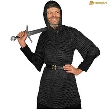 Medieval Knight Chainmail Shirt with Coif Black Armor For Cosplay Reenactments