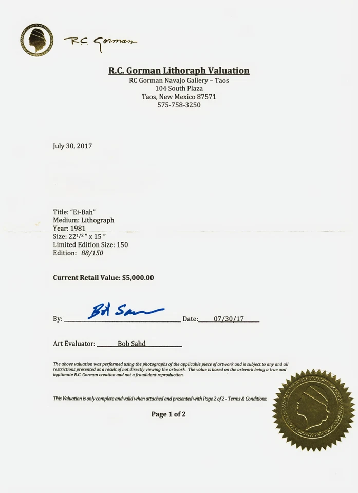 Limited Edition R.C. Gorman Signed & Numbered Lithograph “Ei-Bah” (#88/150)  - Image 4 of 4