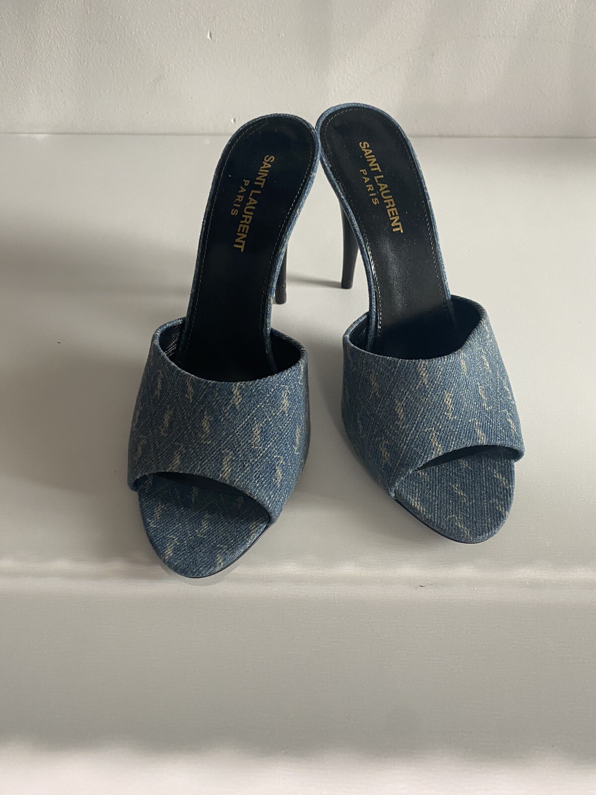 Sandali Saint Laurent YSL 38 5 denim monogramma mule slide tacchi scarpe nuove