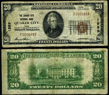 Quaker City OH-Ohio $20 1929 T-1 National Bank Note Ch #1989 Quaker City NB Fine