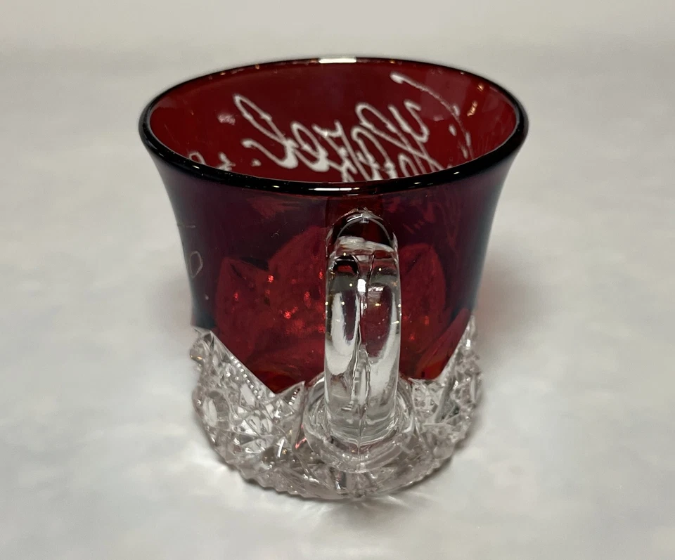 Jefferson Glass Co Star AKA Diamond Peg Ruby Stain Souvenir 3" Mug 1910's Hazel - Image 2 of 4
