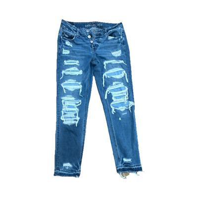 American Eagle Women's Straight Distressed Blue Cotton Denim Jeans Button Fly