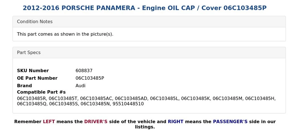 Porsche Panamera 2012-2016 - tapa de aceite del motor / cubierta 06C103485P Foto 4 de 4